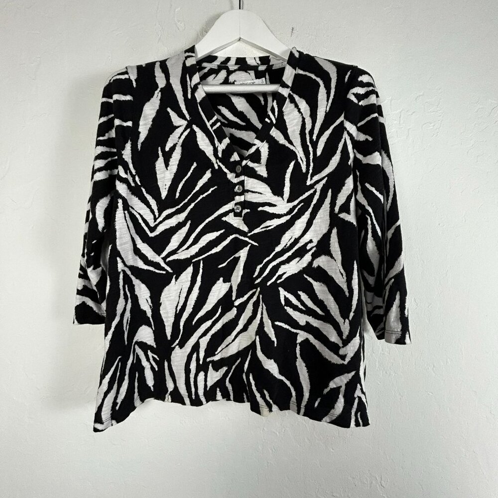 Chico's Women's Zebra Print Pullover V-Neck Casual Blouse Black/White Large